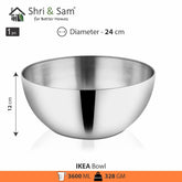 Silver Stainless Steel Ikea Bowl - 24 Cm, 3600ml | Dishwasher Safe, Rust Free & Lightweight